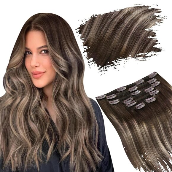 New 7PCS 16 Inch Dark Brown Ombre Ash Brown Clip-in Human Hair